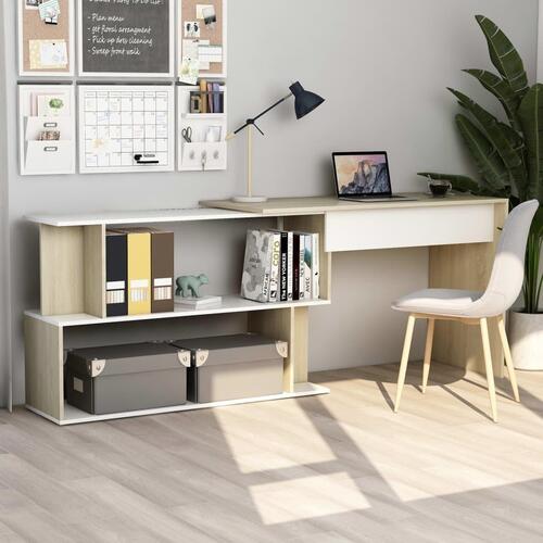 Skrivebord 200x50x76 cm konstrueret træ hvid og sonoma-eg