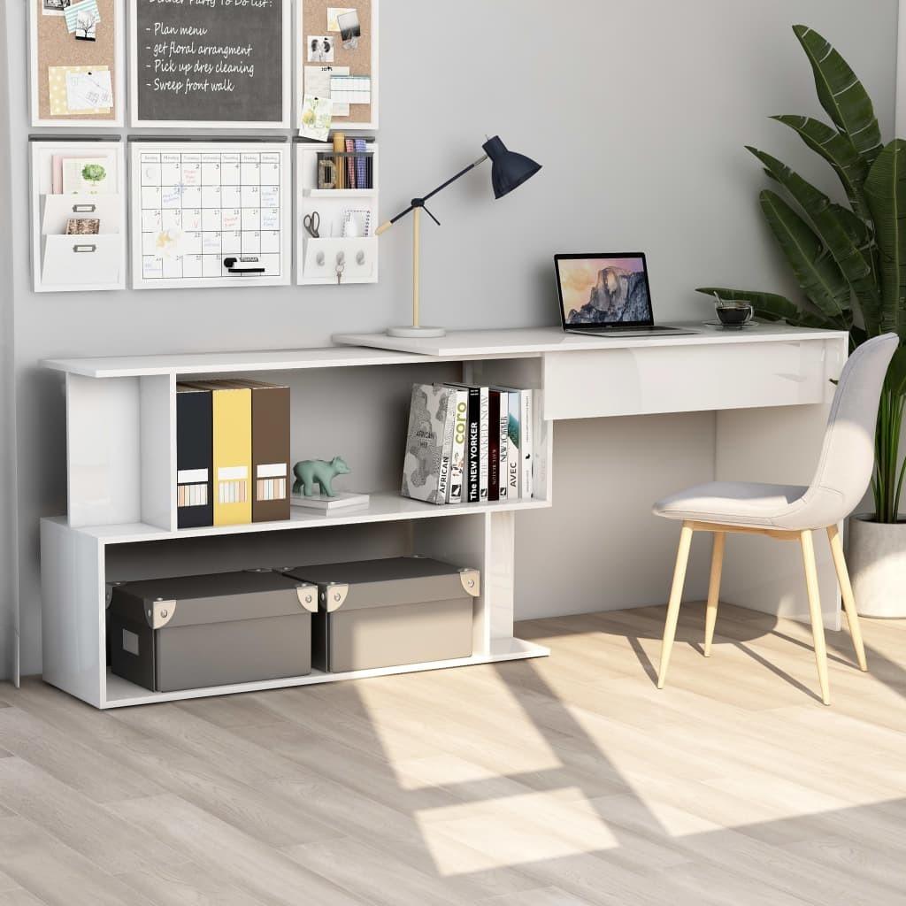 Skrivebord til hjørne200x50x76cm konstrueret træ hvid højglans