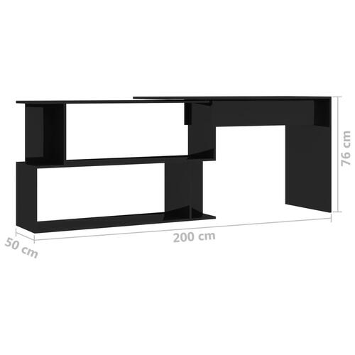 L-formet skrivebord 200x50x76 cm konstrueret træ sort højglans