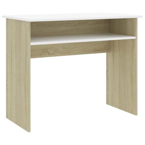 Skrivebord 90x50x74 cm konstrueret træ hvid og sonoma-eg