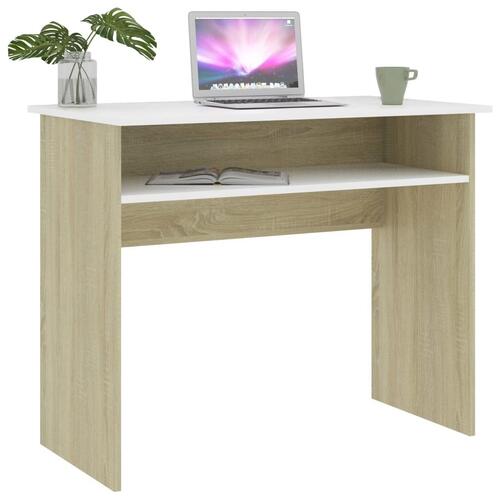 Skrivebord 90x50x74 cm konstrueret træ hvid og sonoma-eg