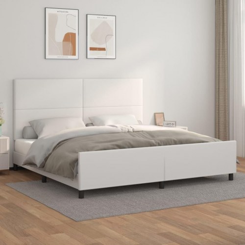 Sengeramme med sengegavl 200x200 cm i hvidt kunstlæder