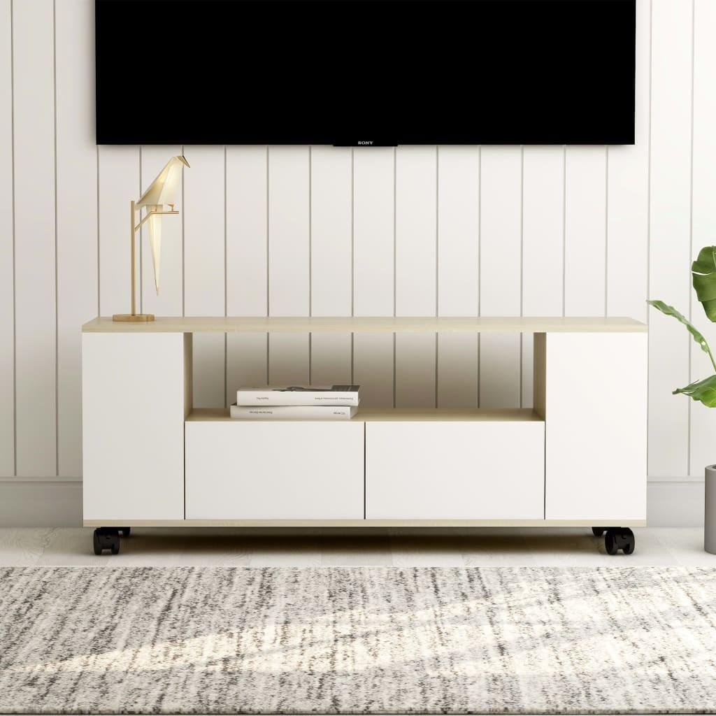 Tv-bord 120x35x48 cm konstrueret træ hvid og egetræsfarvet