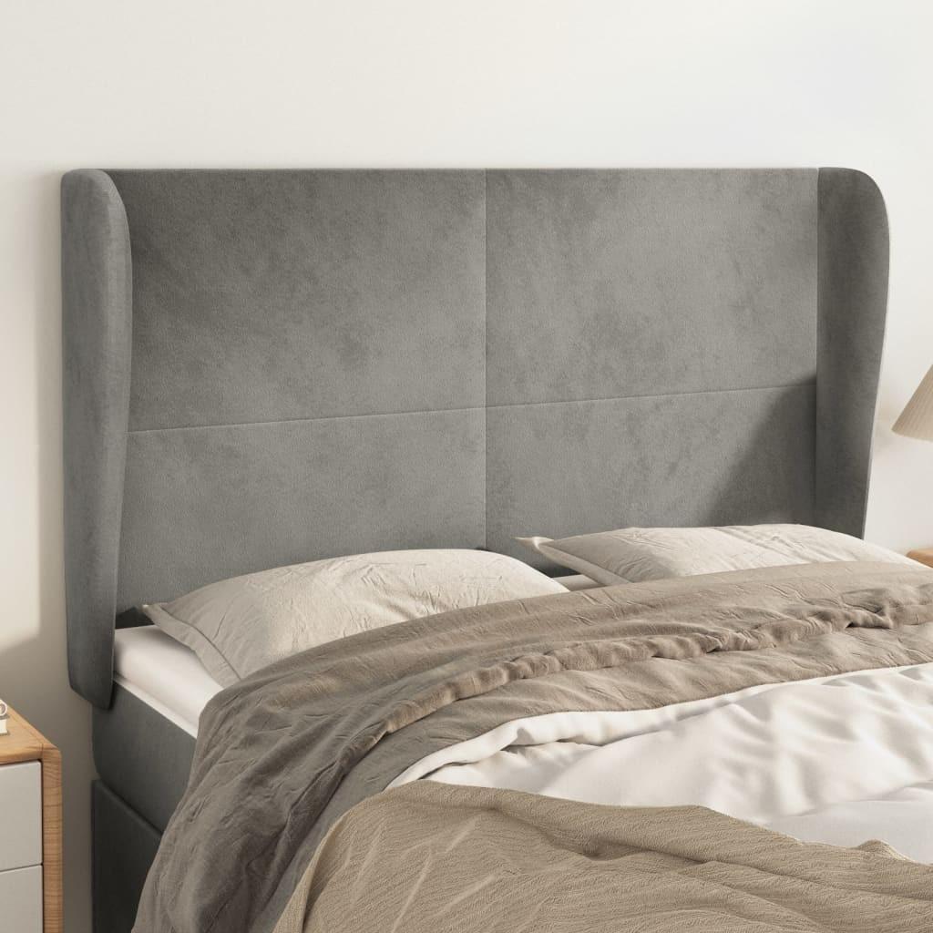 Sengegavl med kanter i fløjl - 147x23x118/128 cm, lysegrå billede