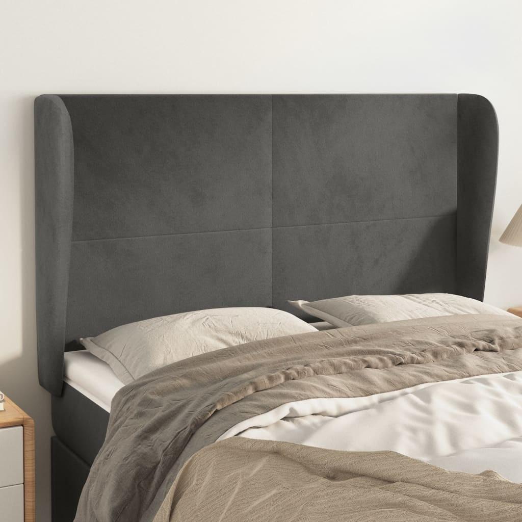 Sengegavl med kanter i fløjl - 147x23x118/128 cm, mørkegrå billede