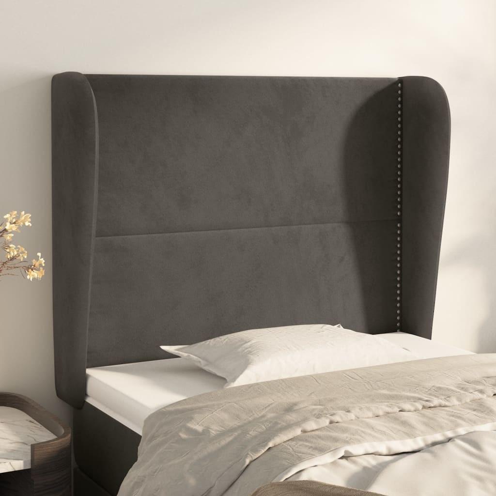 Sengegavl med kanter 83x23x118/128 cm fløjl mørkegrå billede