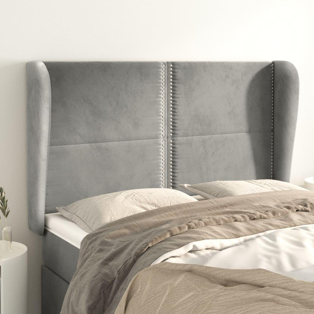 Sengegavl med kanter 147×23×118/128 cm - fløjl, lysegrå billede