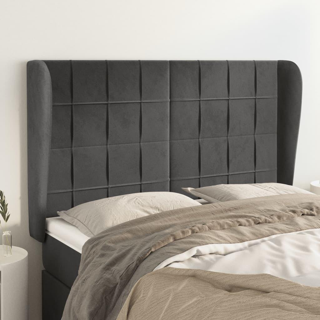 Sengegavl med kanter i fløjl - 147×23×118/128 cm, mørkegrå billede