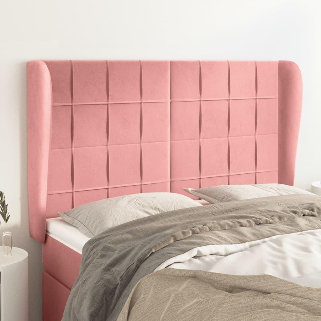 Sengegavl med kanter i fløjl - 147x23x118/128 cm, lyserød billede