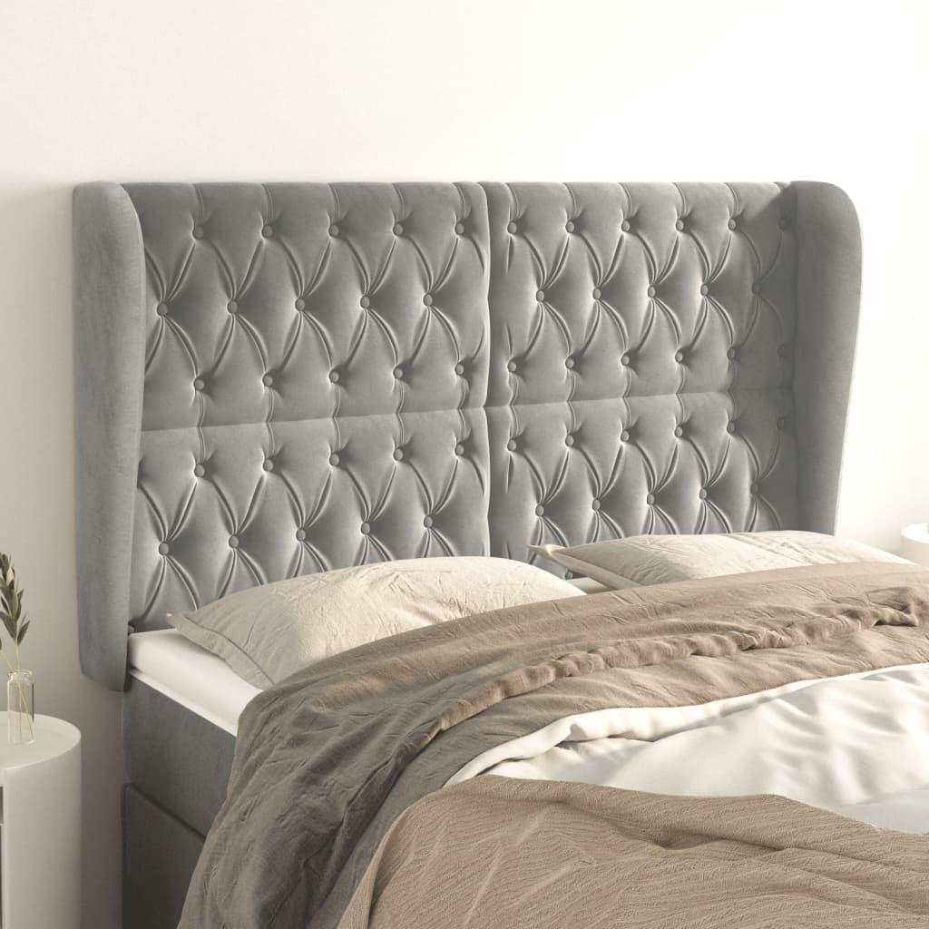 Sengegavl med kanter 163x23x118/128 cm fløjl lysegrå billede