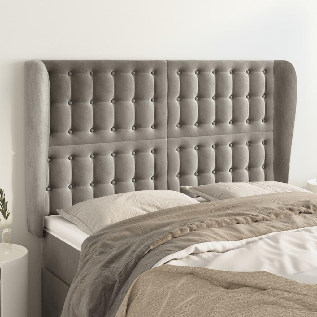Sengegavl med kanter 147×23×118/128 cm - fløjl, lysegrå billede