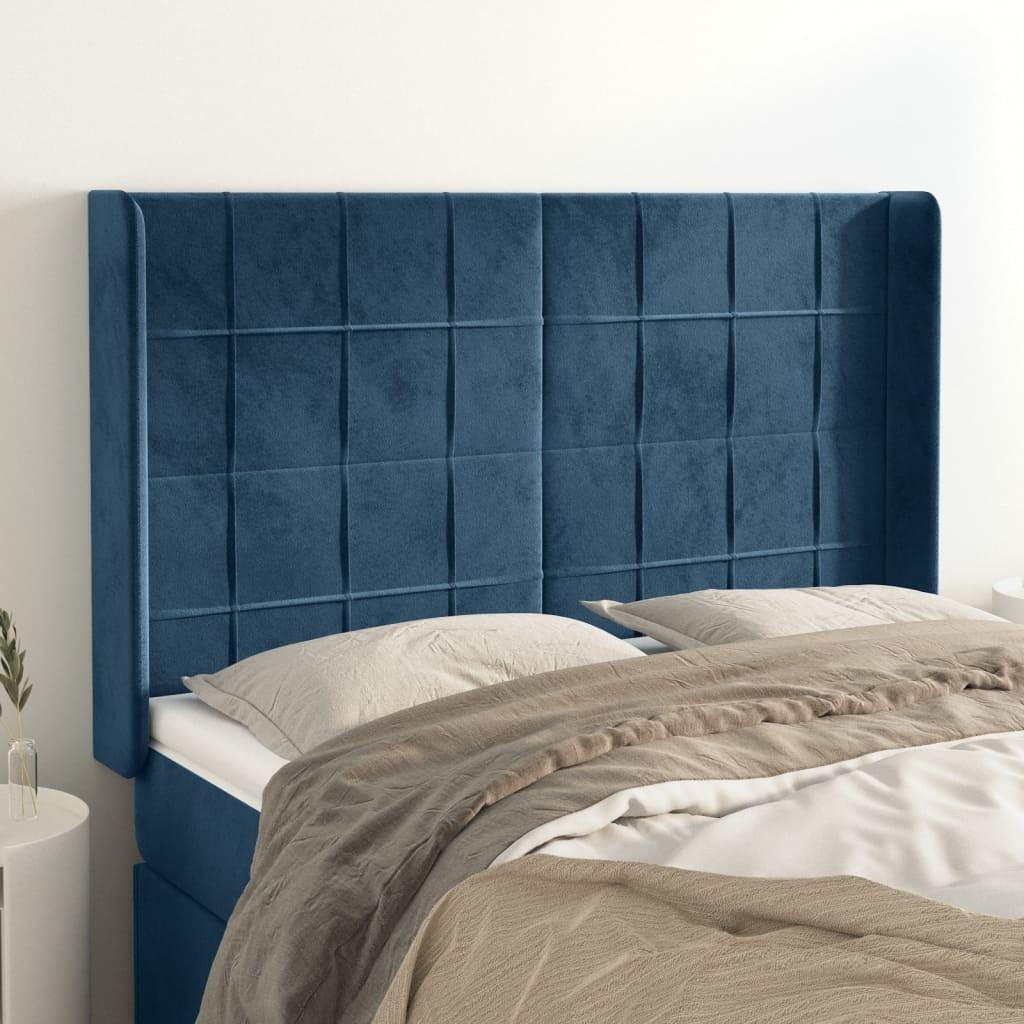 Sengegavl med kanter i fløjl - 147×16×118/128 cm, mørkeblå