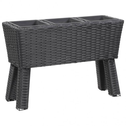 Plantekasse med ben og 3 krukker 72x25x50 cm polyrattan sort