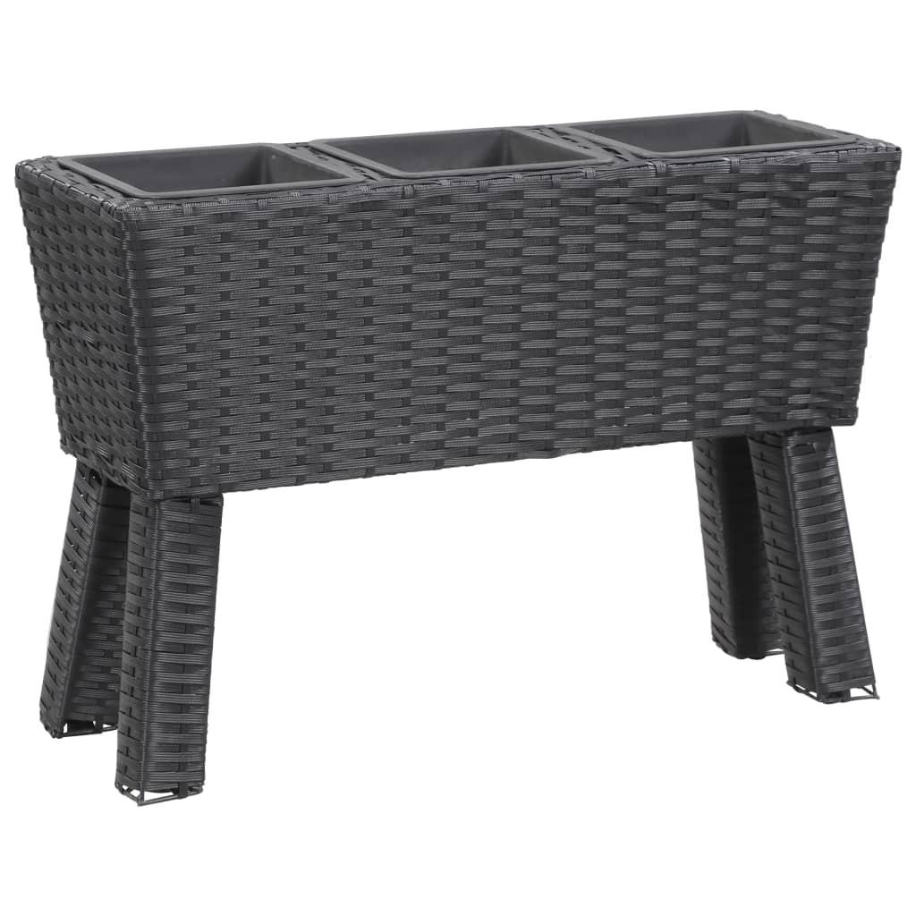 Plantekasse med ben og 3 krukker 72x25x50 cm polyrattan sort