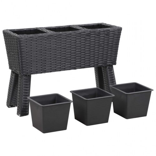 Plantekasse med ben og 3 krukker 72x25x50 cm polyrattan sort