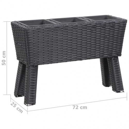 Plantekasse med ben og 3 krukker 72x25x50 cm polyrattan sort