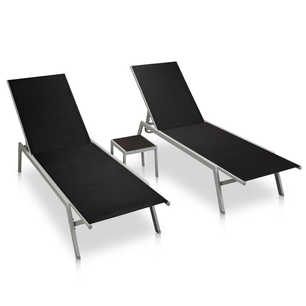 Liggestole 2 stk. med bord stål og textilene sort