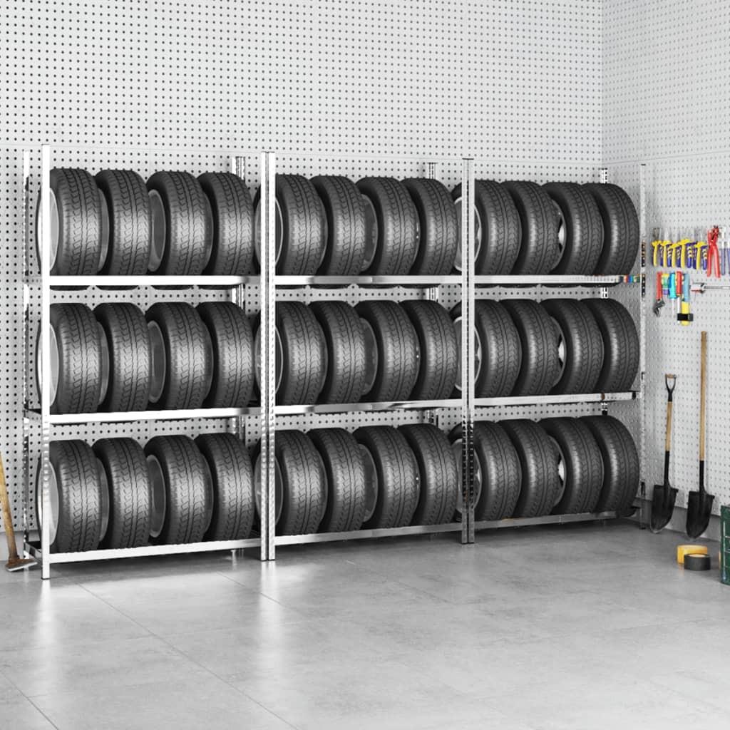 Dækreoler 3 stk. med 3 hylder 110x40x200 cm stål sølvfarvet