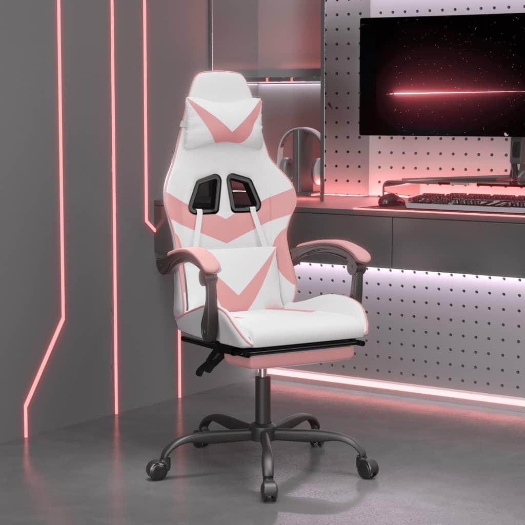 Drejelig gamingstol med fodstøtte kunstlæder hvid og pink