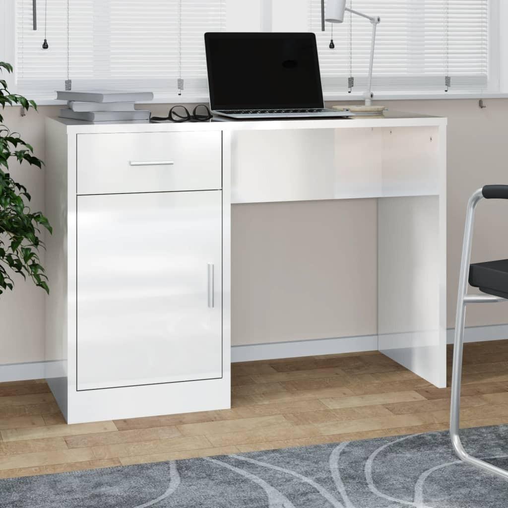 Skrivebord m. skab 100x40x73 cm konstrueret træ hvid højglans