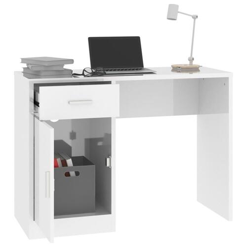 Skrivebord m. skab 100x40x73 cm konstrueret træ hvid højglans