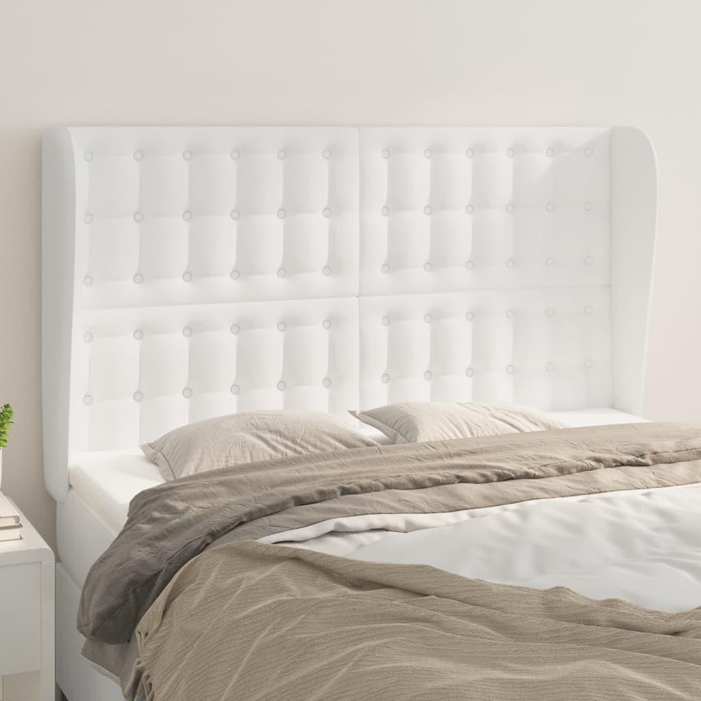 Sengegavl med kanter 147x23x118/128 cm kunstlæder hvid billede