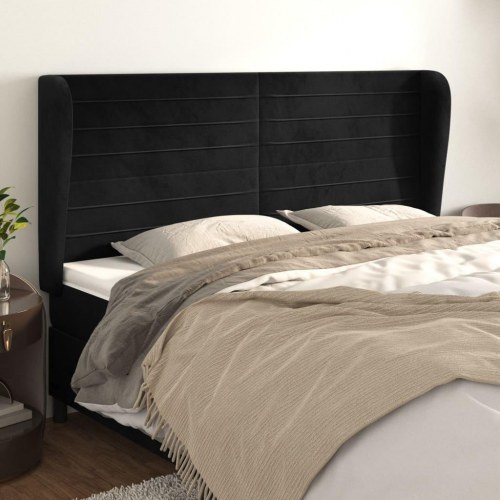 Sengegavl med kanter 163 x 23 x 118/128 cm fløjl - sort