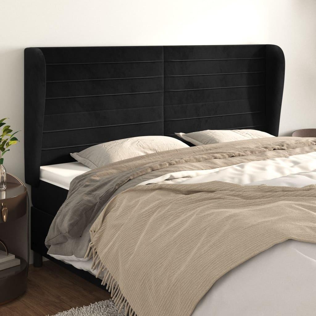 Sengegavl med kanter 203x23x118/128 cm - fløjl, sort billede
