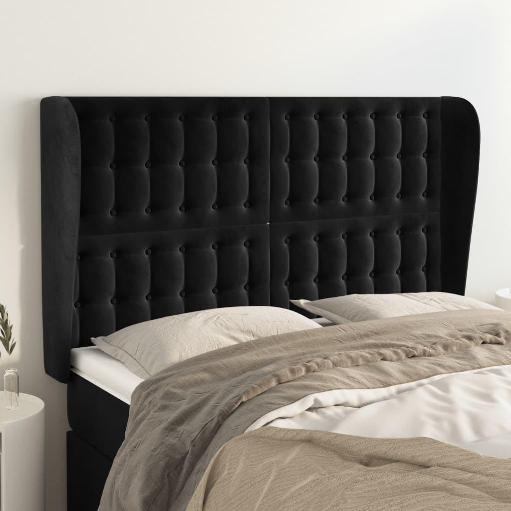 Sengegavl med kanter i fløjl - 147 × 23 × 118/128 cm, sort billede