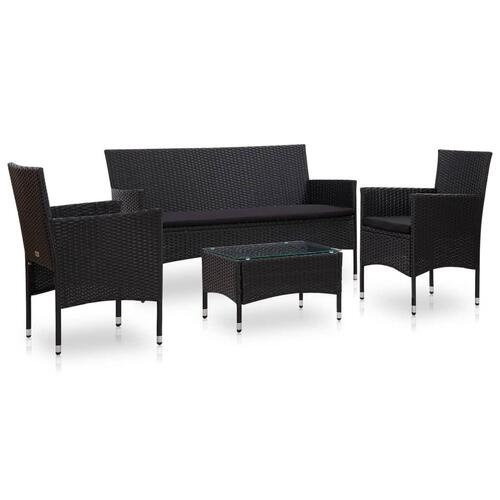 Haveloungesæt 4 dele med hynder polyrattan sort