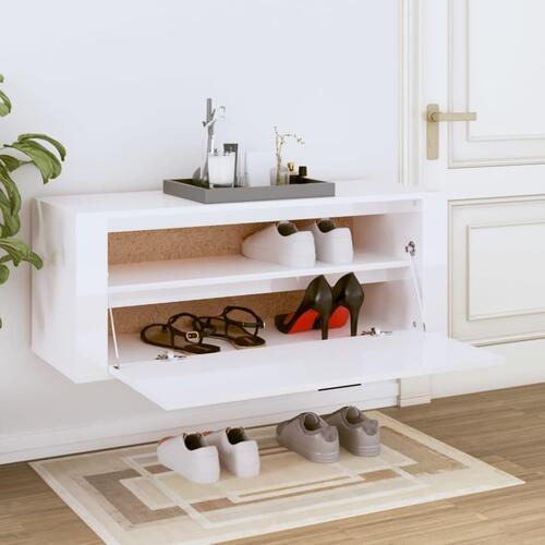 Væghængt skoskab 100x35x38 cm konstrueret træ hvid højglans