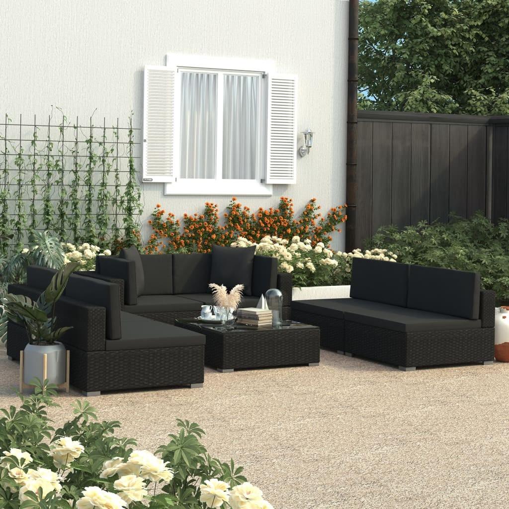 Haveloungesæt 7 dele med hynder polyrattan sort
