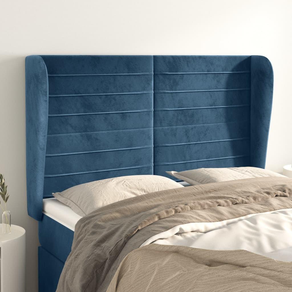 Sengegavl med kanter i fløjl - 147×23×118/128 cm, mørkeblå billede