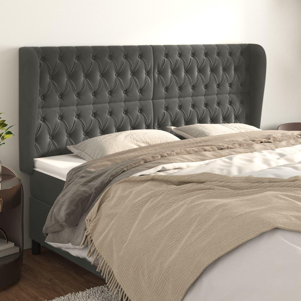 Sengegavl med kanter 183x23x118/128 cm fløjl mørkegrå billede