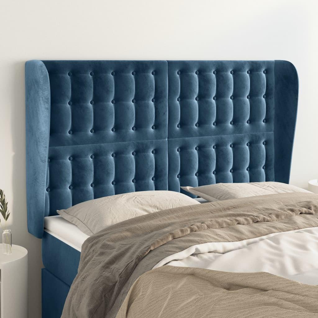 Sengegavl med kanter i fløjl - 147x23x118/128 cm, mørkeblå billede
