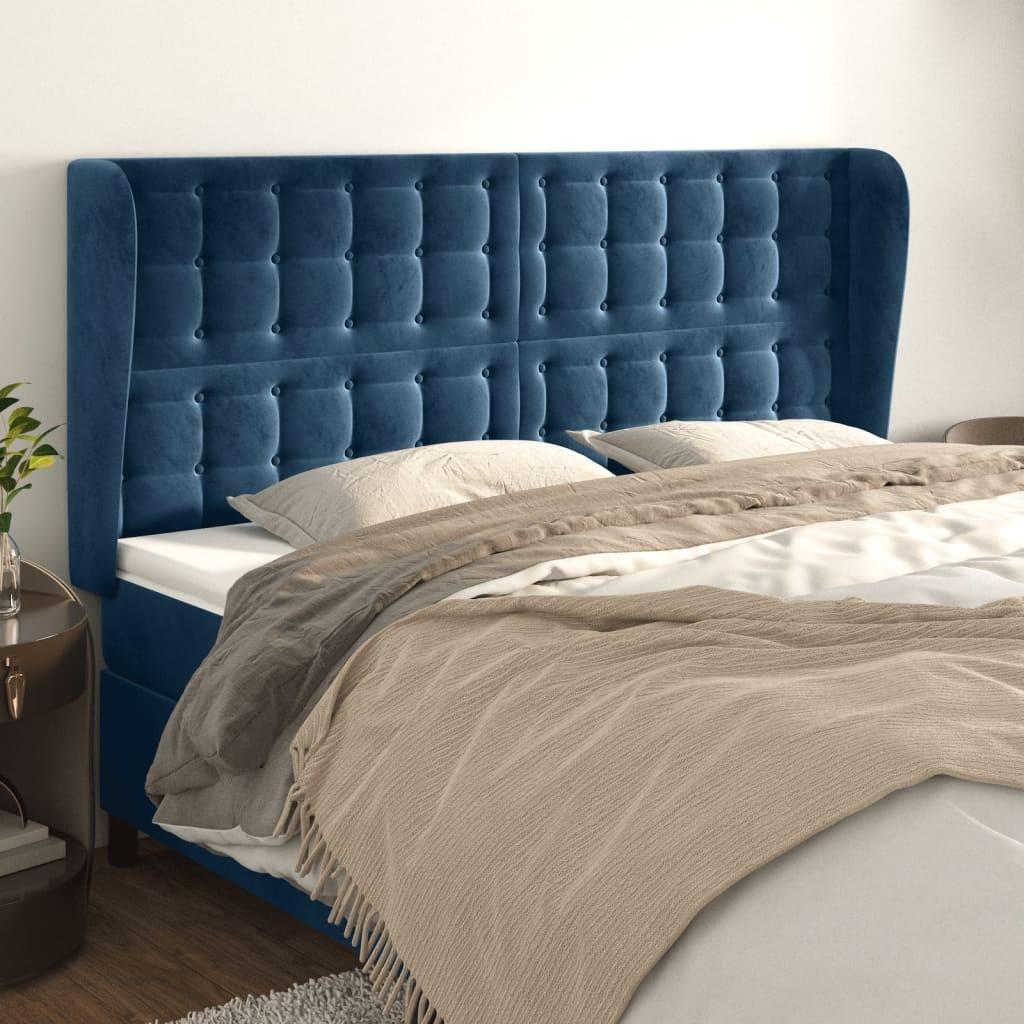 Sengegavl med kanter 183x23x118/128 cm fløjl mørkeblå billede