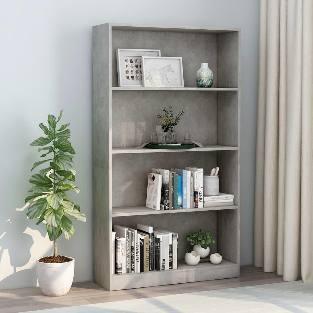 Bogreol med 4 hylder 80x24x142 cm konstrueret træ betongrå