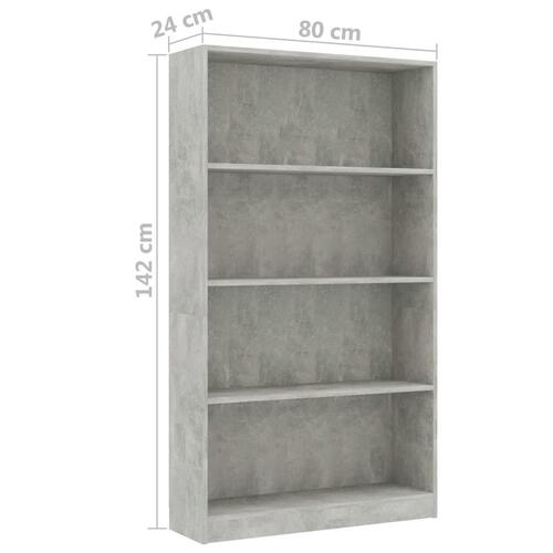 Bogreol med 4 hylder 80x24x142 cm konstrueret træ betongrå