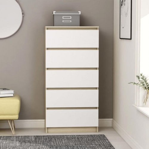 Kommode 60x35x121 cm konstrueret træ hvid og sonoma-eg