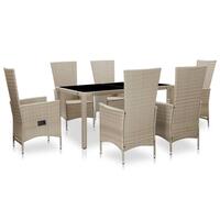 Udendørs spisebordssæt 7 dele med hynder polyrattan beige