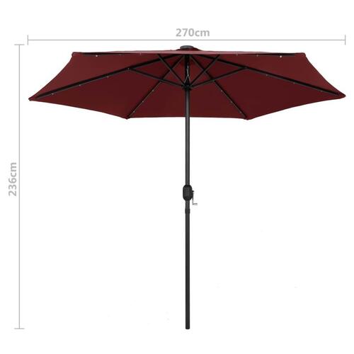 Udendørs parasol med LED-lys og aluminiumsstang 270 cm bordeaux