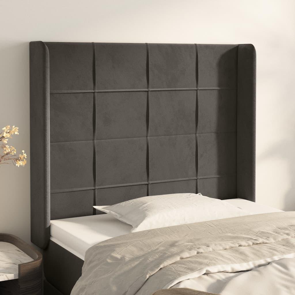 Sengegavl med kanter i fløjl - 83×16×118/128 cm, mørkegrå billede