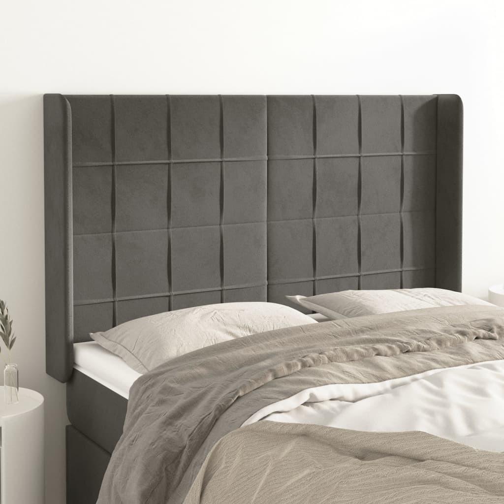 Sengegavl med kanter i fløjl - 147×16×118/128 cm, mørkegrå