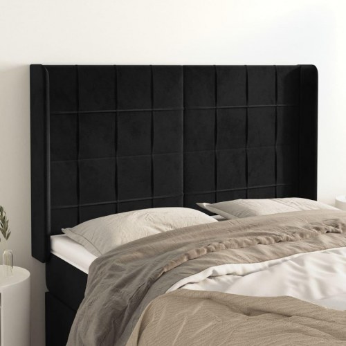 Sengegavl med kanter 147 x 16 x 118/128 cm fløjl - sort