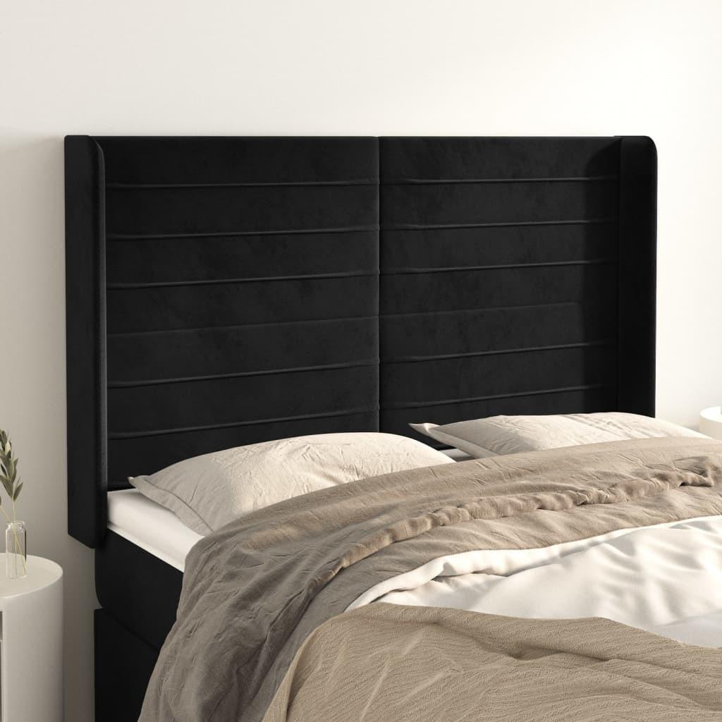 Sengegavl med kanter 147×16×118/128 cm - fløjl, sort