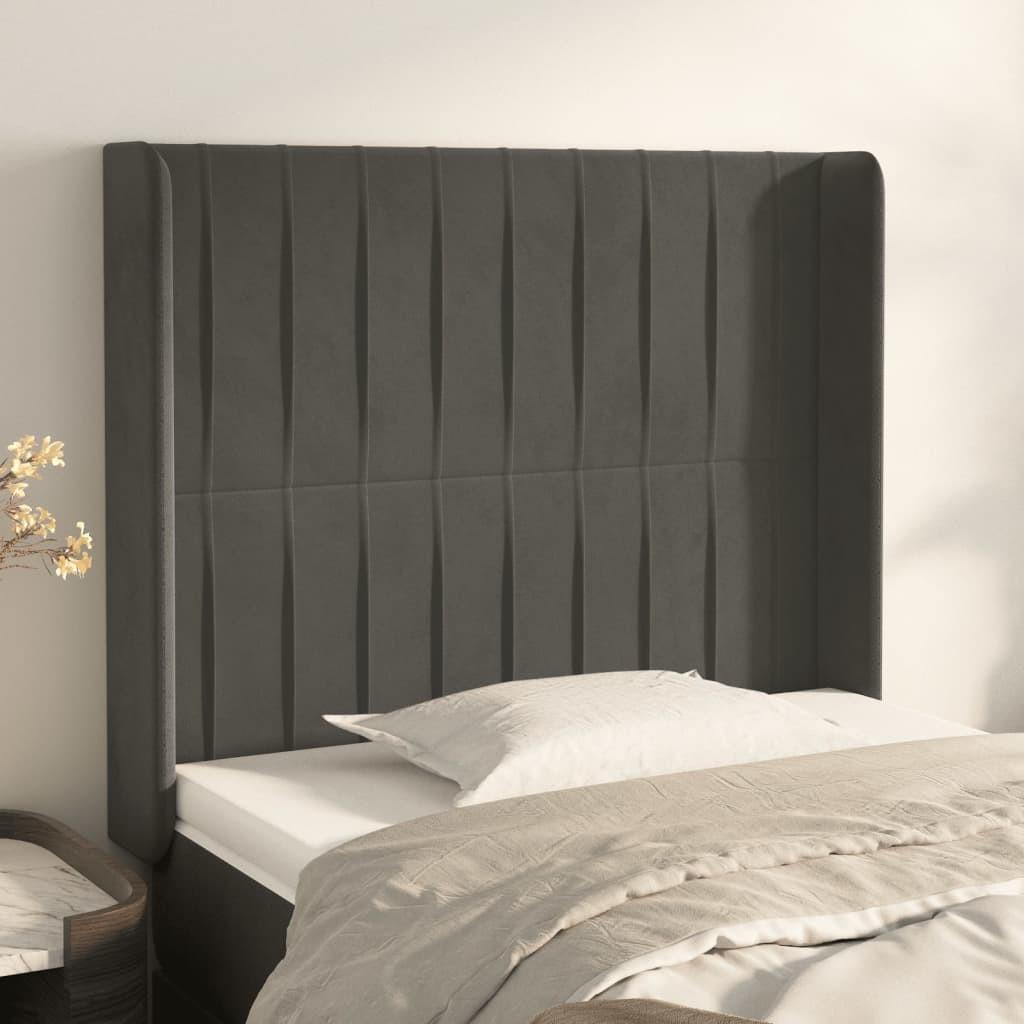 Sengegavl med kanter 93x16x118/128 cm fløjl mørkegrå billede