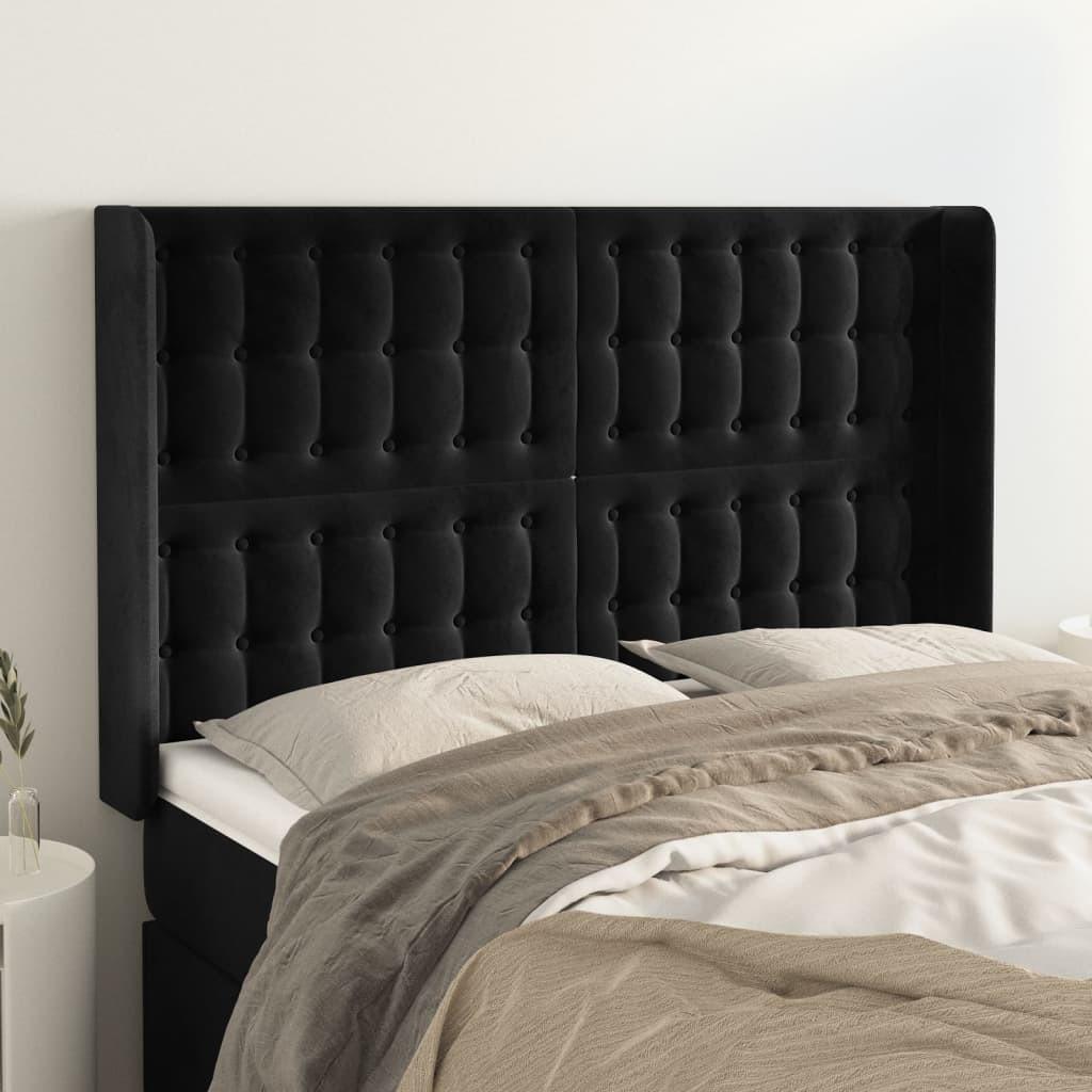 Sengegavl med kanter i fløjl - 147×16×118/128 cm, sort