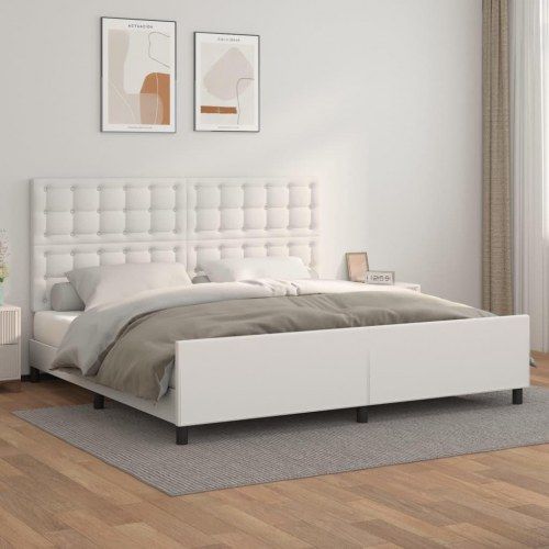 Sengeramme med sengegavl 200x200 cm i hvidt kunstlæder