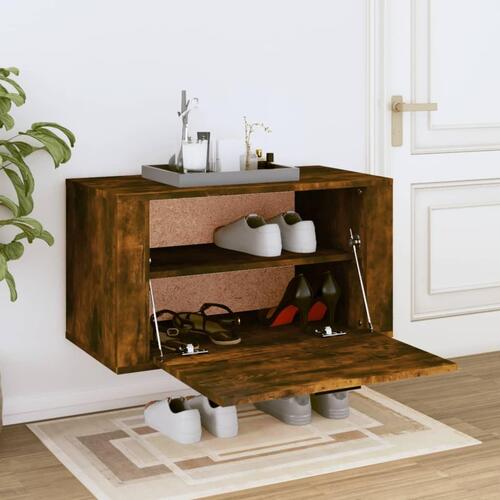 Væghængt skoskab 70x35x38 cm massivt fyrretræ træ røget egetræ