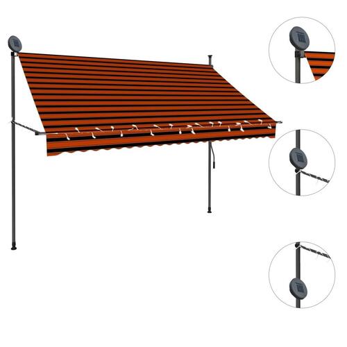 Markise m. LED-lys manuel betjening 250 cm orange og brun